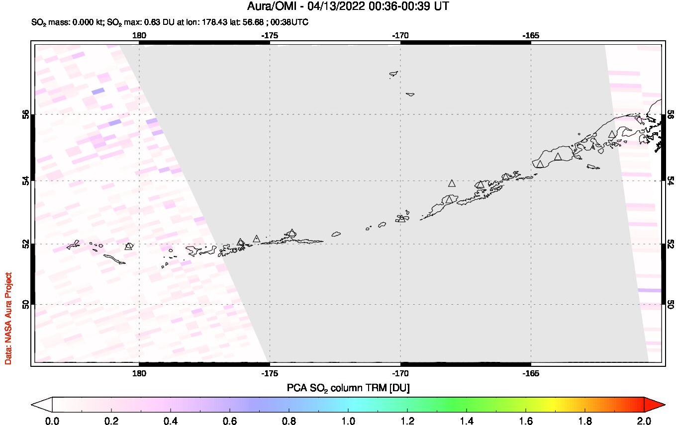 A sulfur dioxide image over Aleutian Islands, Alaska, USA on Apr 13, 2022.