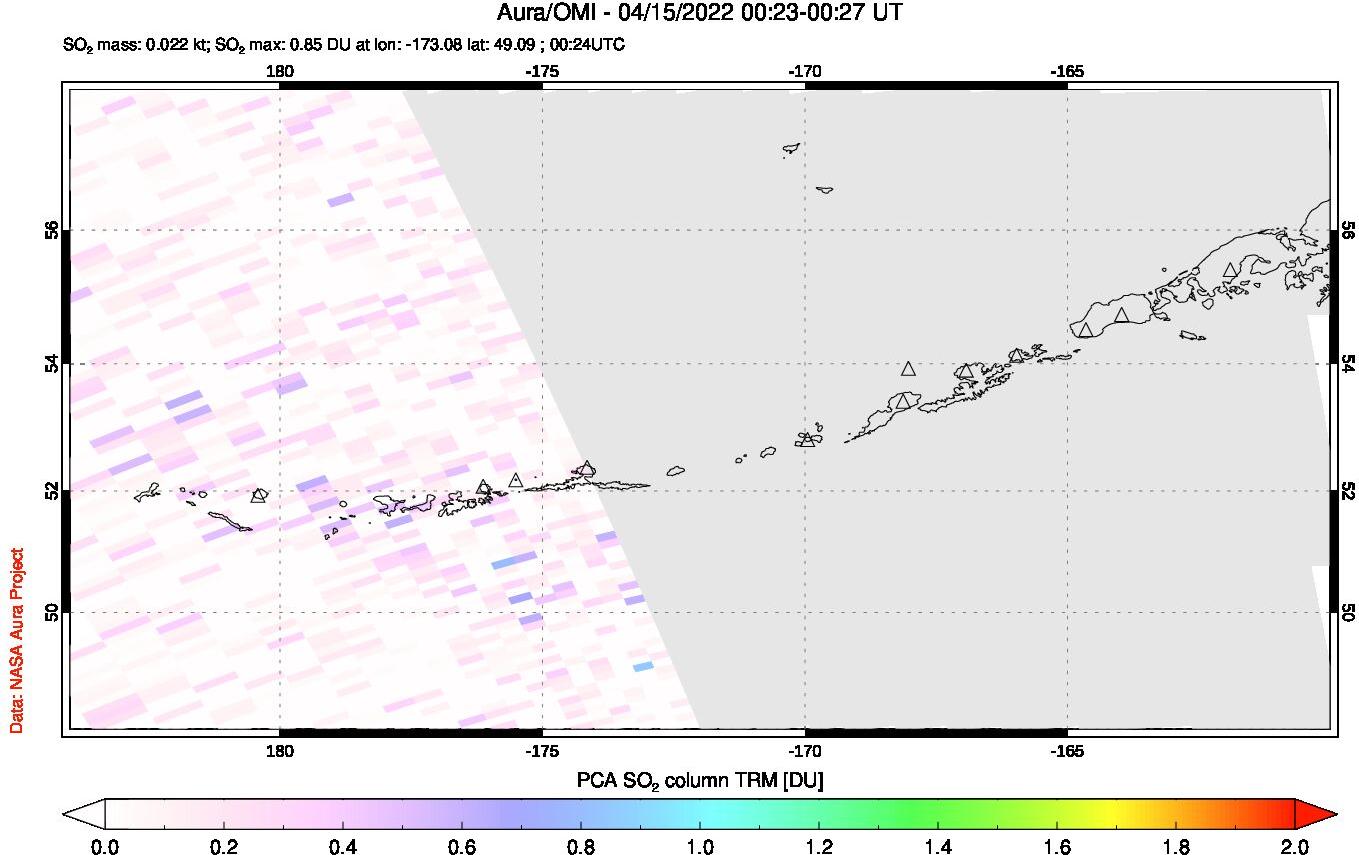 A sulfur dioxide image over Aleutian Islands, Alaska, USA on Apr 15, 2022.
