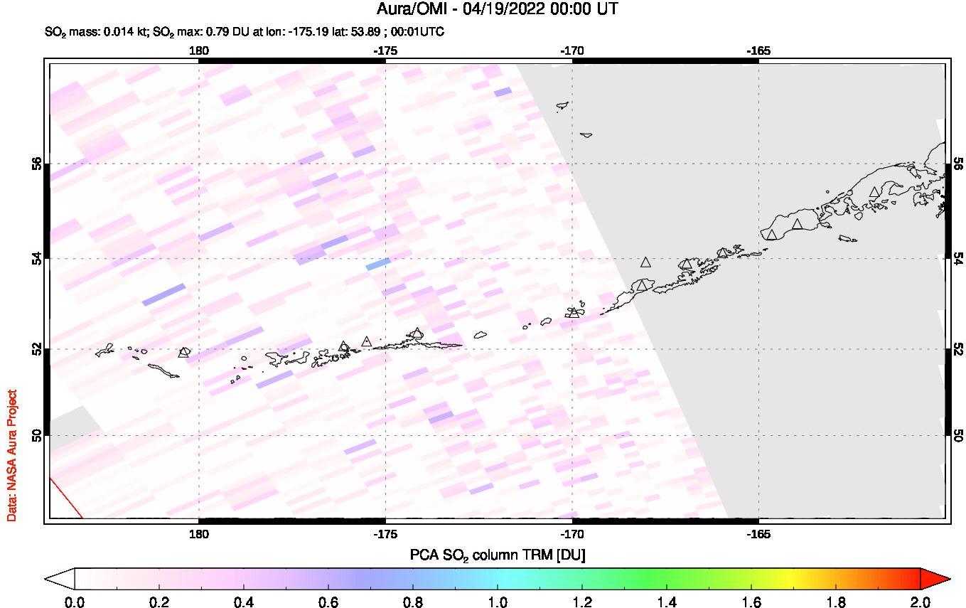 A sulfur dioxide image over Aleutian Islands, Alaska, USA on Apr 19, 2022.