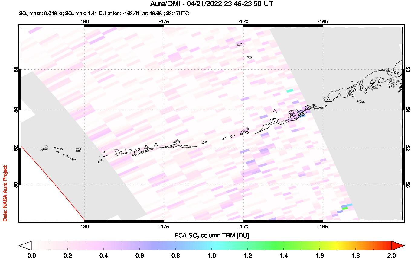 A sulfur dioxide image over Aleutian Islands, Alaska, USA on Apr 21, 2022.