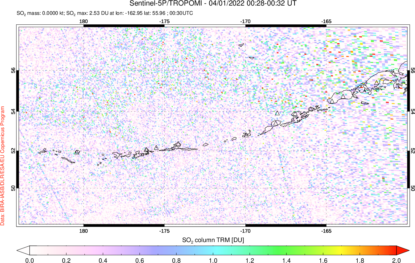 A sulfur dioxide image over Aleutian Islands, Alaska, USA on Apr 01, 2022.