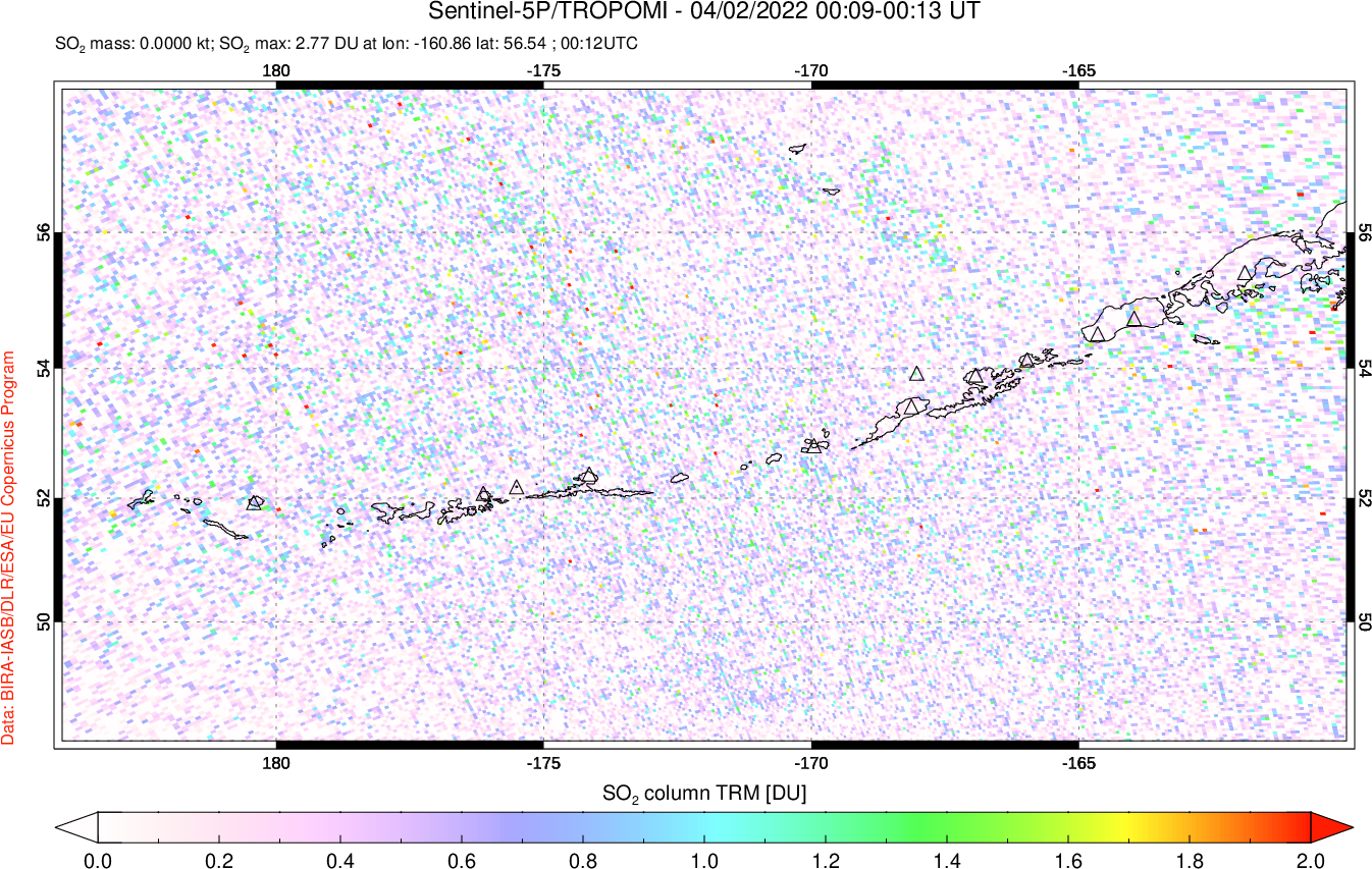 A sulfur dioxide image over Aleutian Islands, Alaska, USA on Apr 02, 2022.