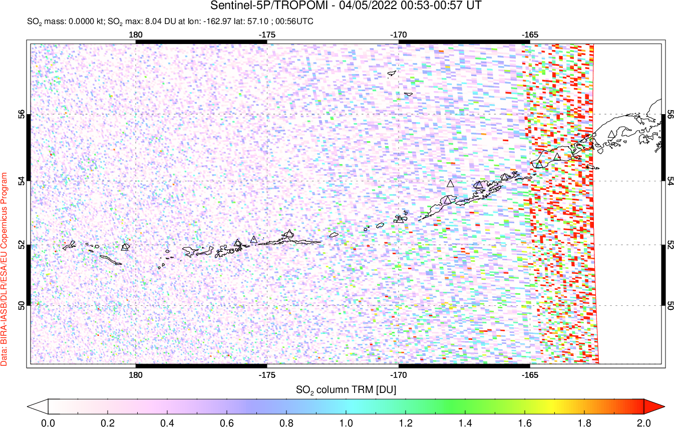 A sulfur dioxide image over Aleutian Islands, Alaska, USA on Apr 05, 2022.