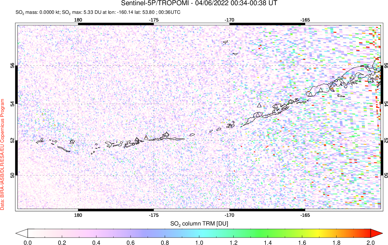 A sulfur dioxide image over Aleutian Islands, Alaska, USA on Apr 06, 2022.