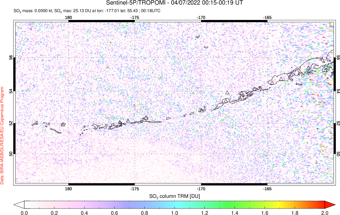 A sulfur dioxide image over Aleutian Islands, Alaska, USA on Apr 07, 2022.