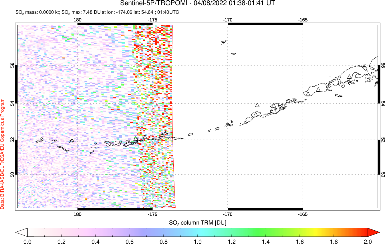 A sulfur dioxide image over Aleutian Islands, Alaska, USA on Apr 08, 2022.