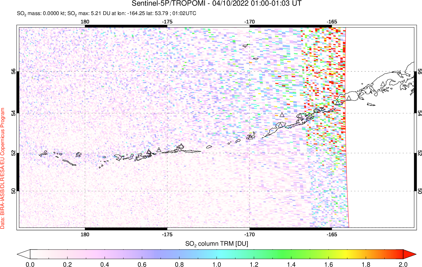 A sulfur dioxide image over Aleutian Islands, Alaska, USA on Apr 10, 2022.