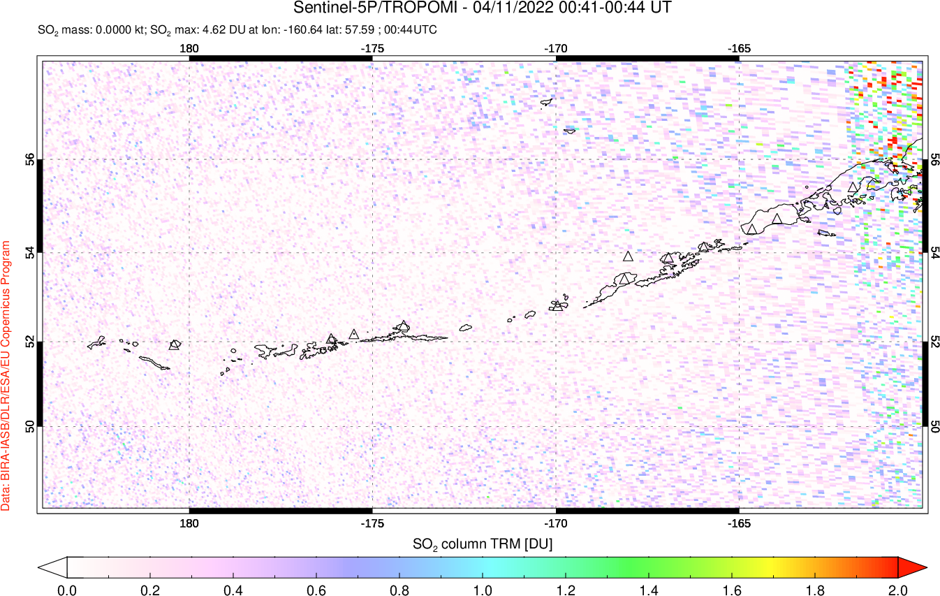 A sulfur dioxide image over Aleutian Islands, Alaska, USA on Apr 11, 2022.
