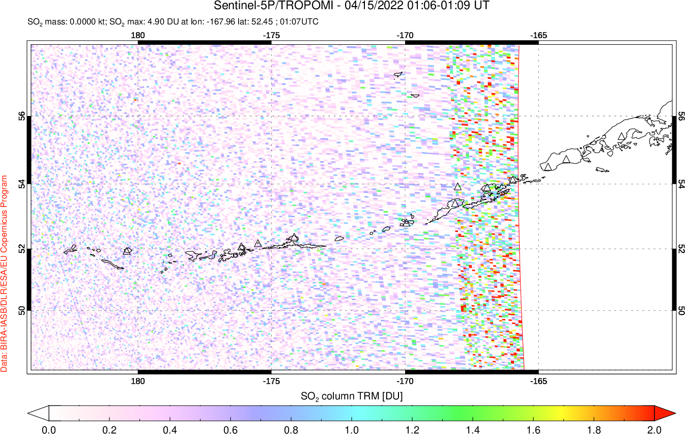 A sulfur dioxide image over Aleutian Islands, Alaska, USA on Apr 15, 2022.
