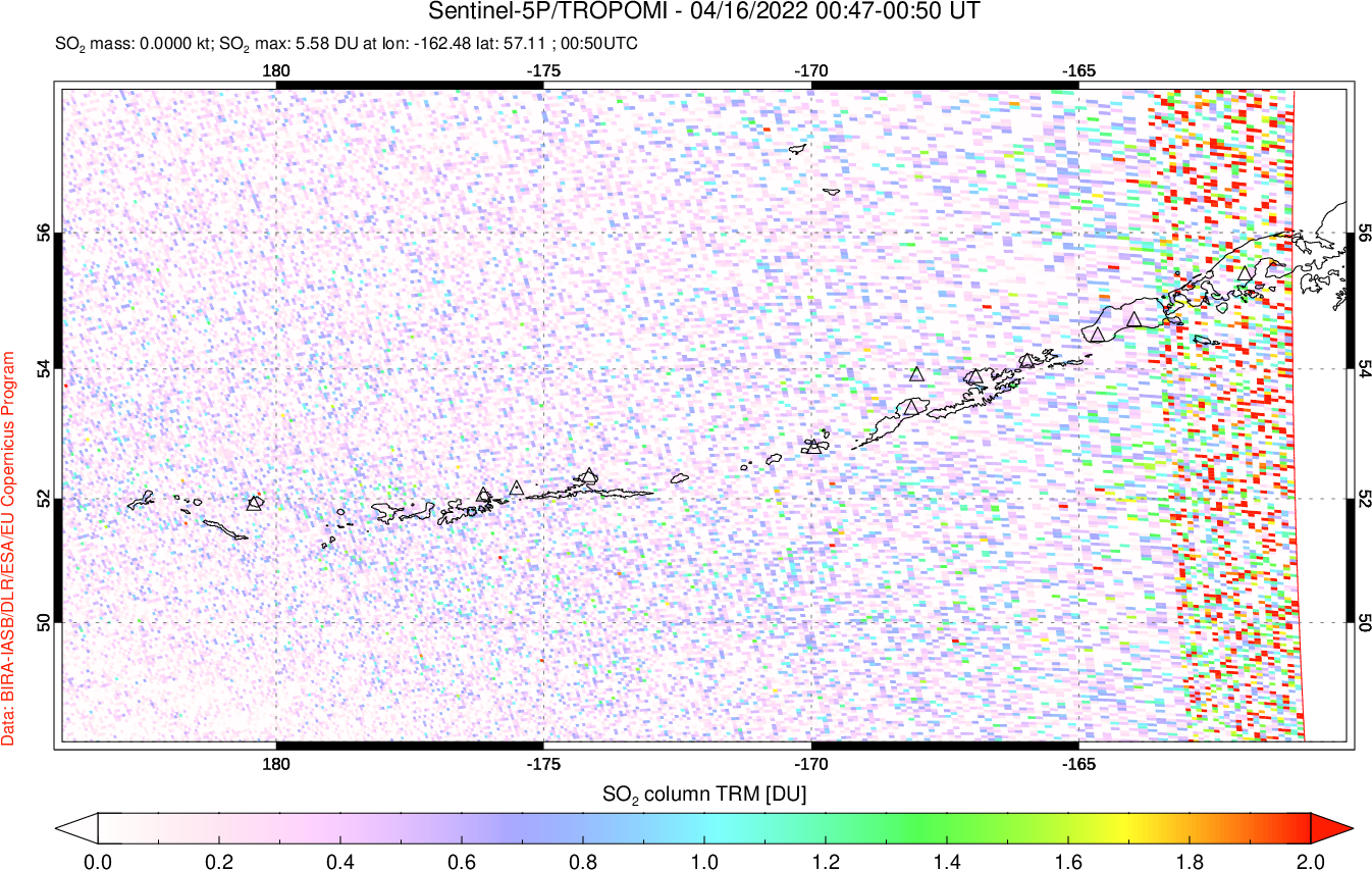 A sulfur dioxide image over Aleutian Islands, Alaska, USA on Apr 16, 2022.