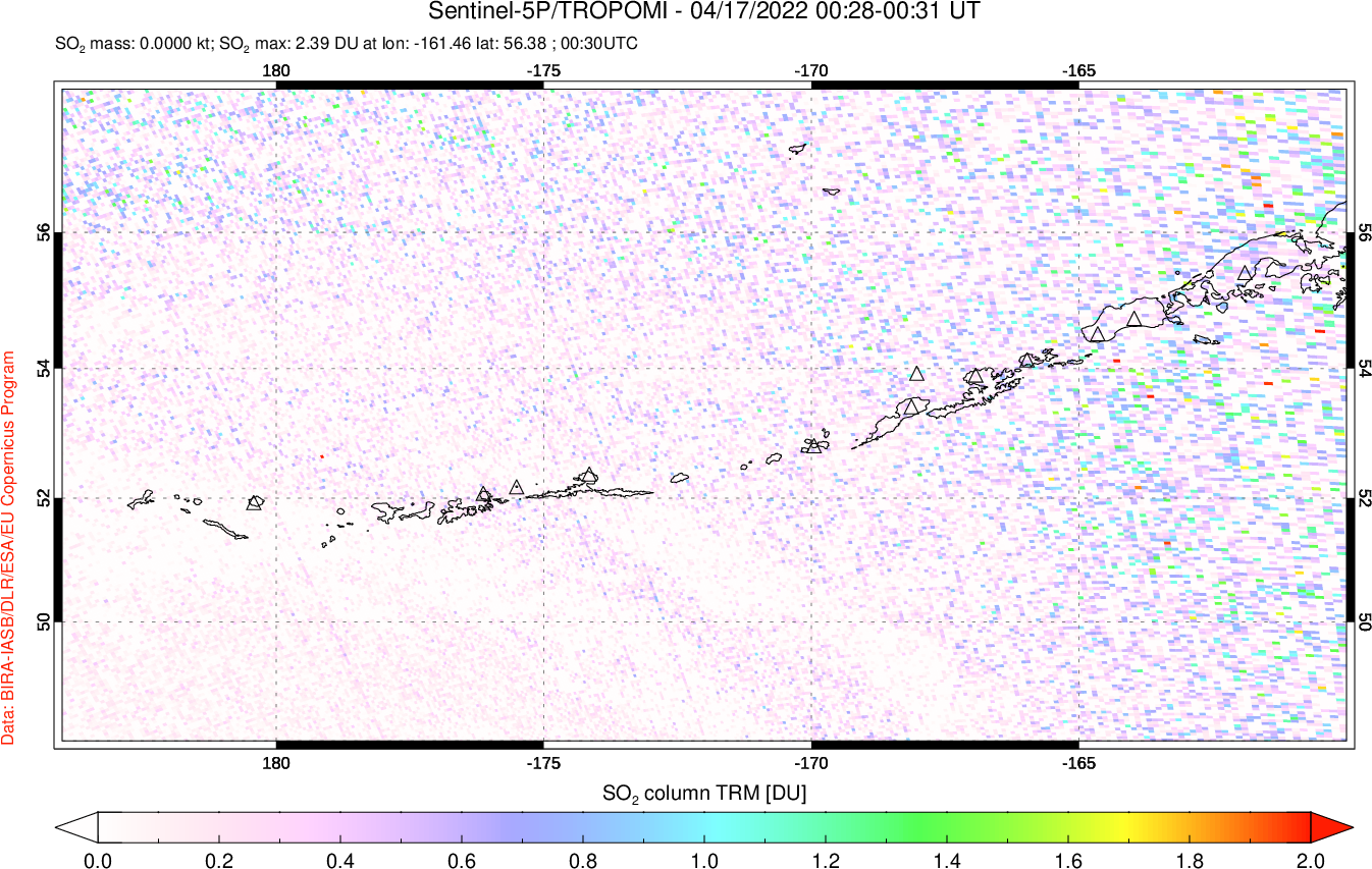 A sulfur dioxide image over Aleutian Islands, Alaska, USA on Apr 17, 2022.