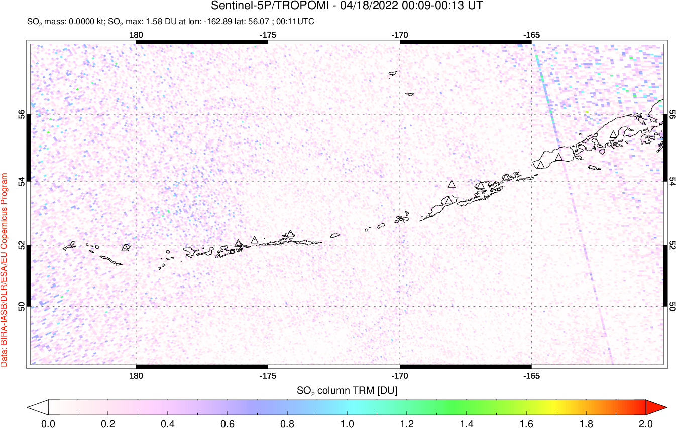 A sulfur dioxide image over Aleutian Islands, Alaska, USA on Apr 18, 2022.