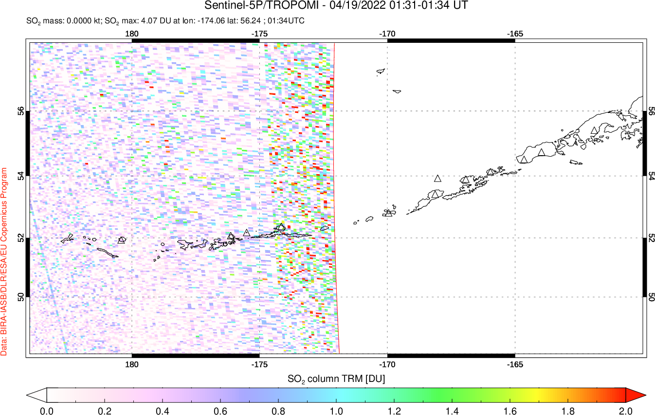 A sulfur dioxide image over Aleutian Islands, Alaska, USA on Apr 19, 2022.