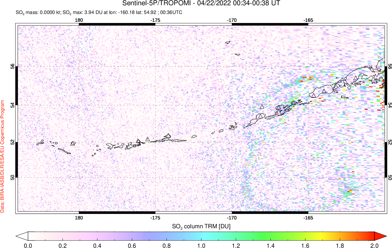 A sulfur dioxide image over Aleutian Islands, Alaska, USA on Apr 22, 2022.
