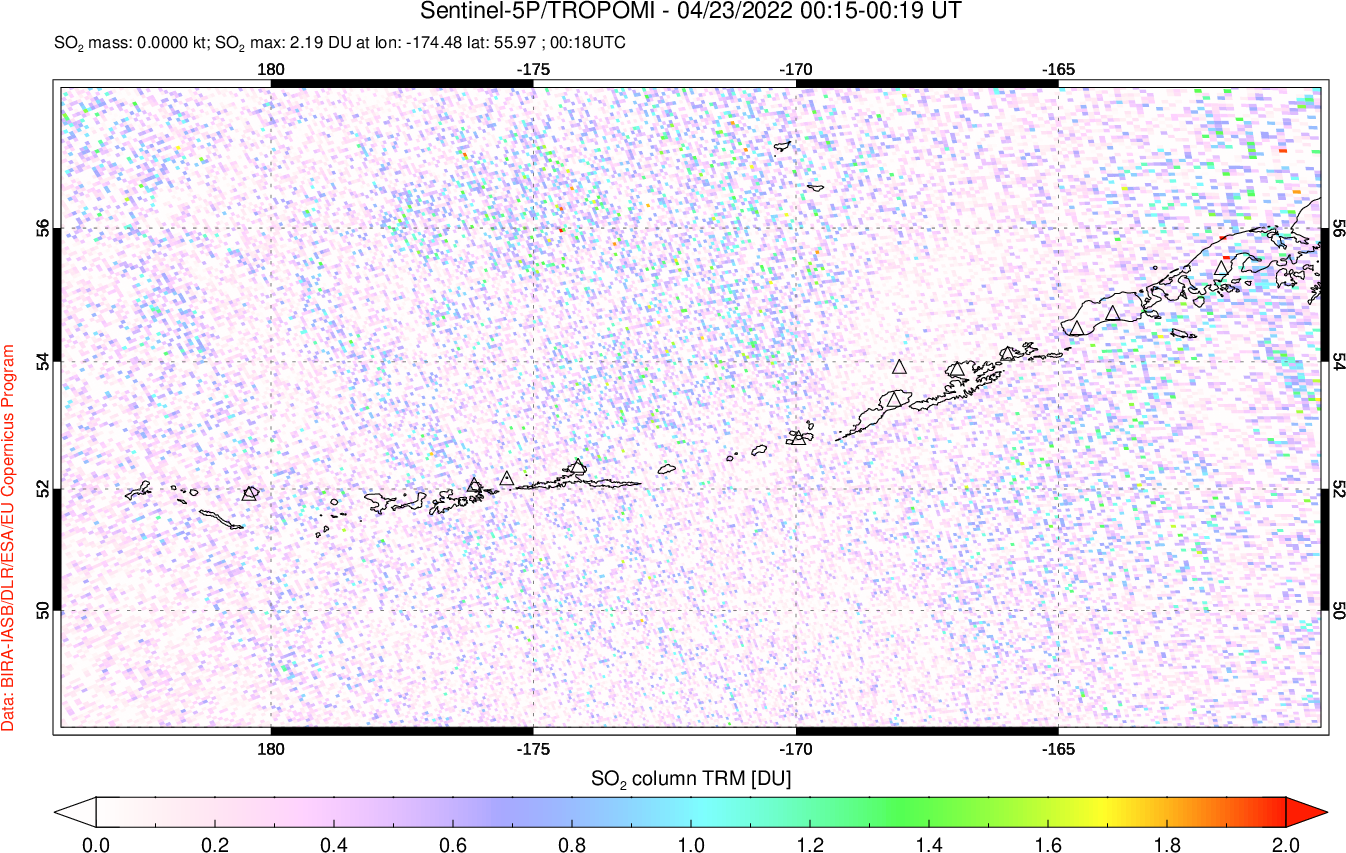 A sulfur dioxide image over Aleutian Islands, Alaska, USA on Apr 23, 2022.
