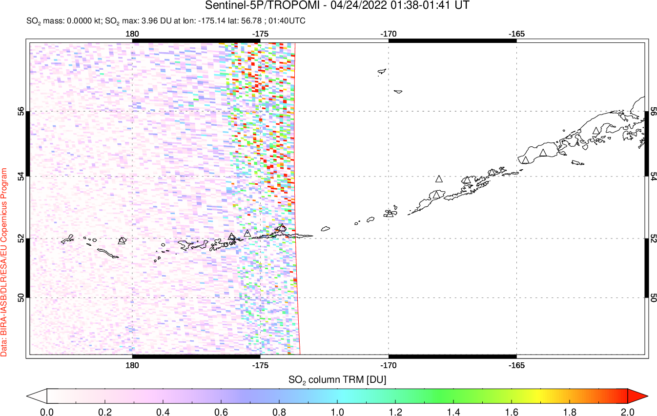 A sulfur dioxide image over Aleutian Islands, Alaska, USA on Apr 24, 2022.