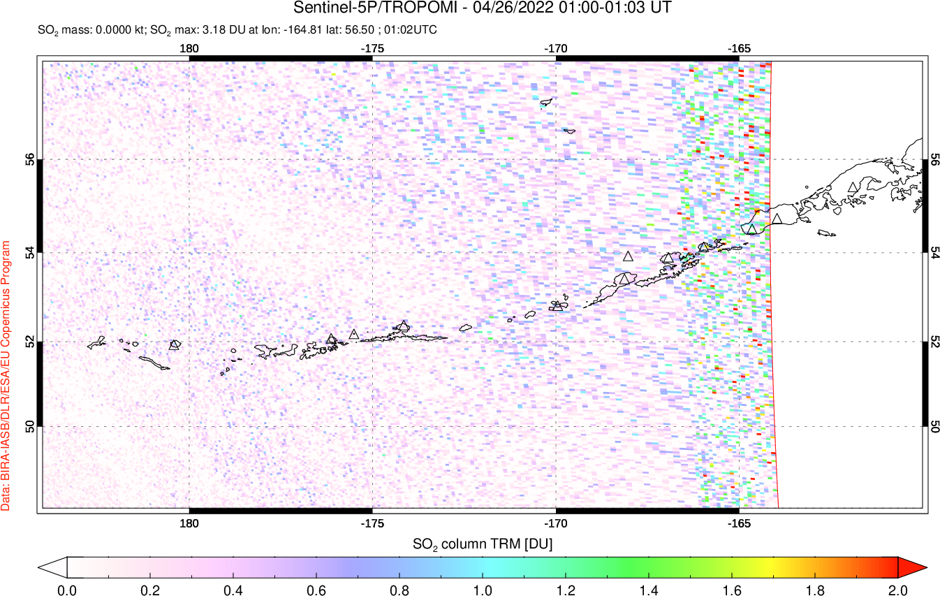 A sulfur dioxide image over Aleutian Islands, Alaska, USA on Apr 26, 2022.