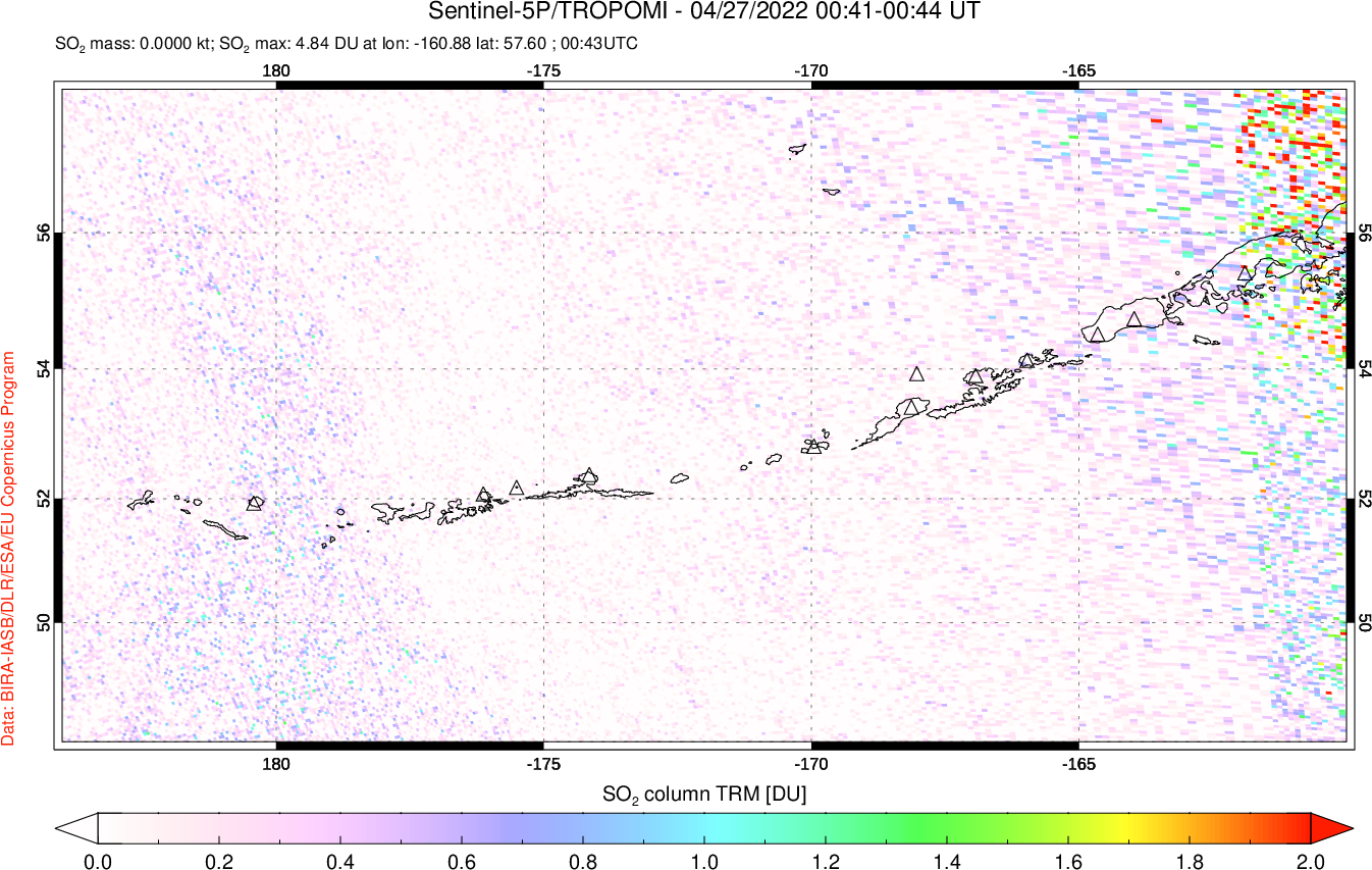 A sulfur dioxide image over Aleutian Islands, Alaska, USA on Apr 27, 2022.