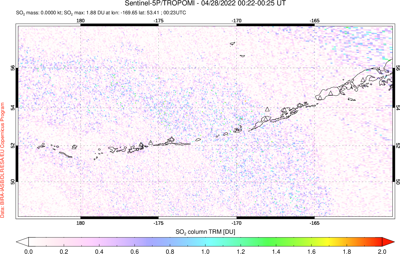 A sulfur dioxide image over Aleutian Islands, Alaska, USA on Apr 28, 2022.