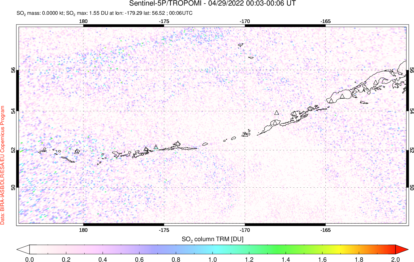 A sulfur dioxide image over Aleutian Islands, Alaska, USA on Apr 29, 2022.