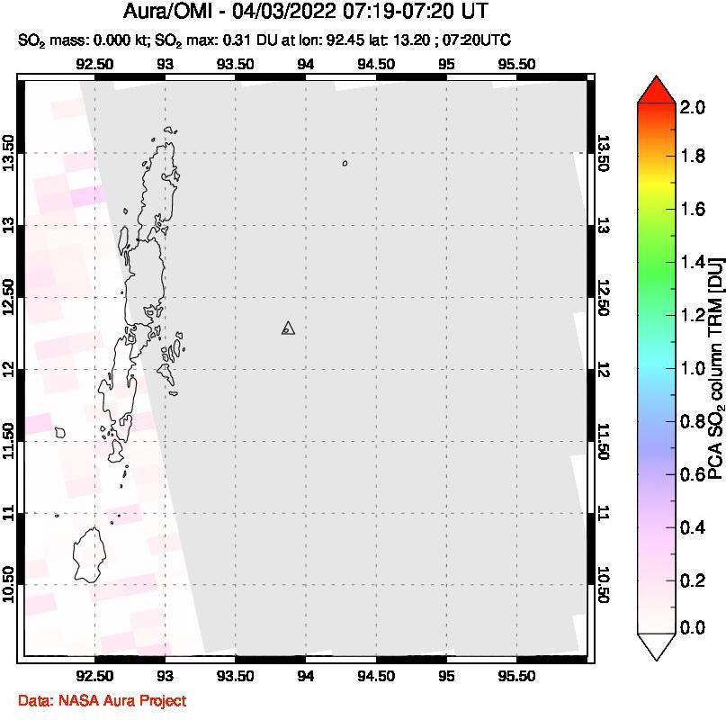 A sulfur dioxide image over Andaman Islands, Indian Ocean on Apr 03, 2022.