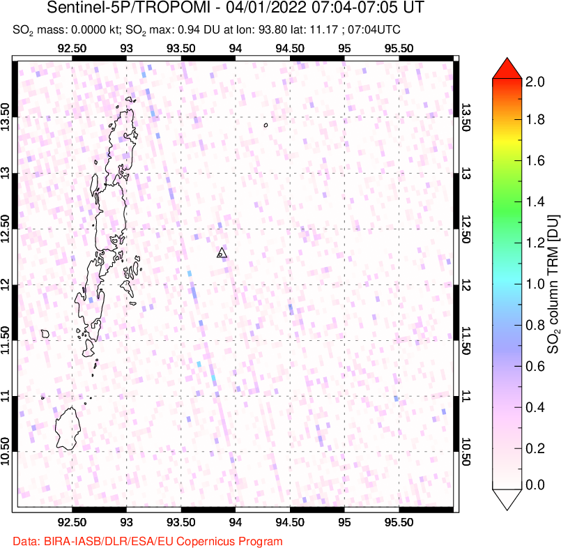 A sulfur dioxide image over Andaman Islands, Indian Ocean on Apr 01, 2022.