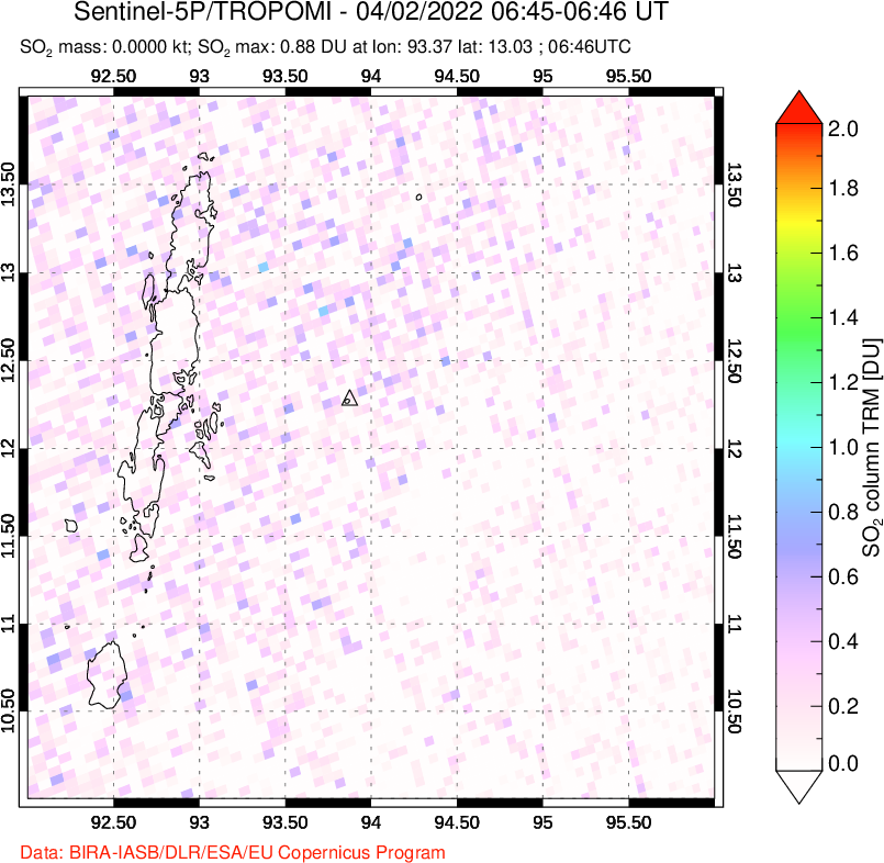 A sulfur dioxide image over Andaman Islands, Indian Ocean on Apr 02, 2022.