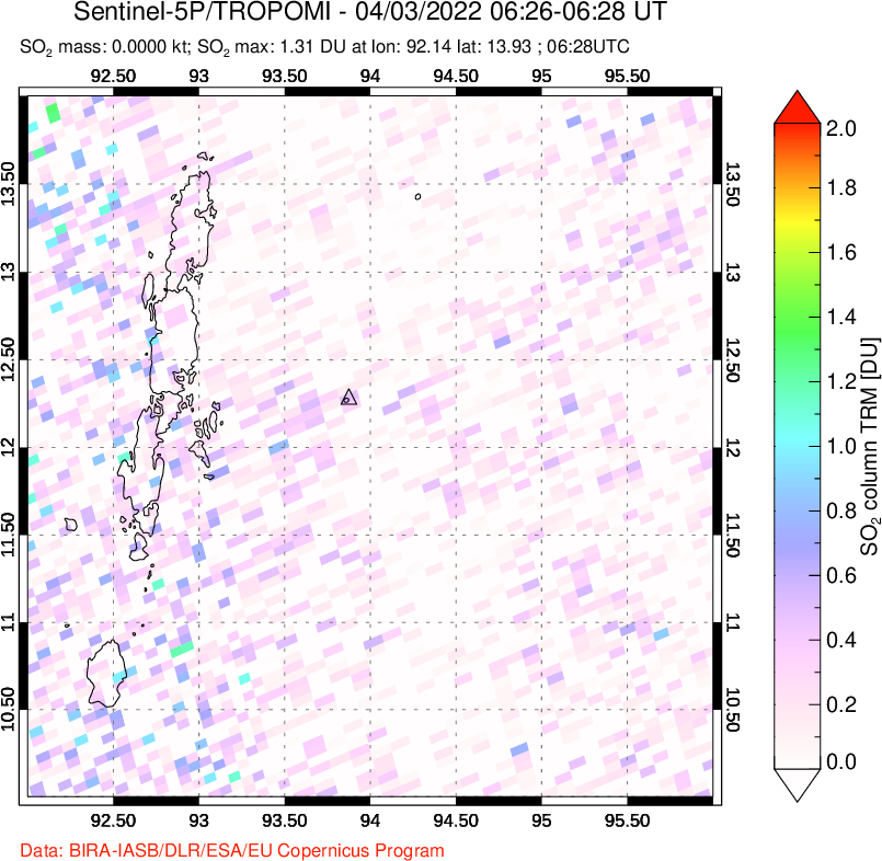 A sulfur dioxide image over Andaman Islands, Indian Ocean on Apr 03, 2022.