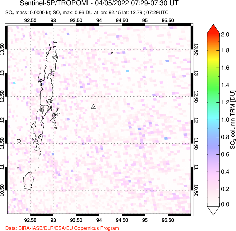 A sulfur dioxide image over Andaman Islands, Indian Ocean on Apr 05, 2022.