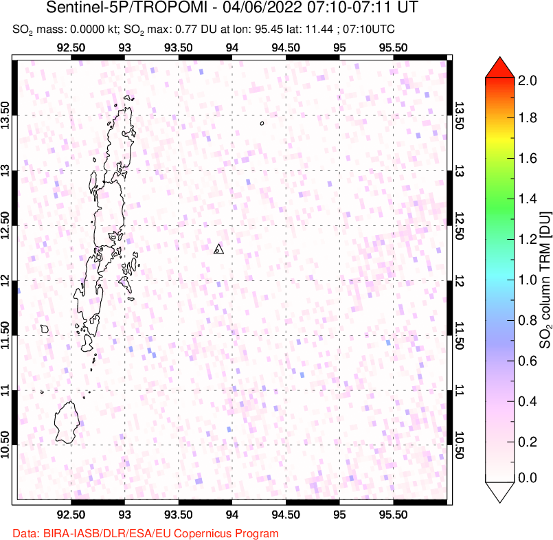 A sulfur dioxide image over Andaman Islands, Indian Ocean on Apr 06, 2022.