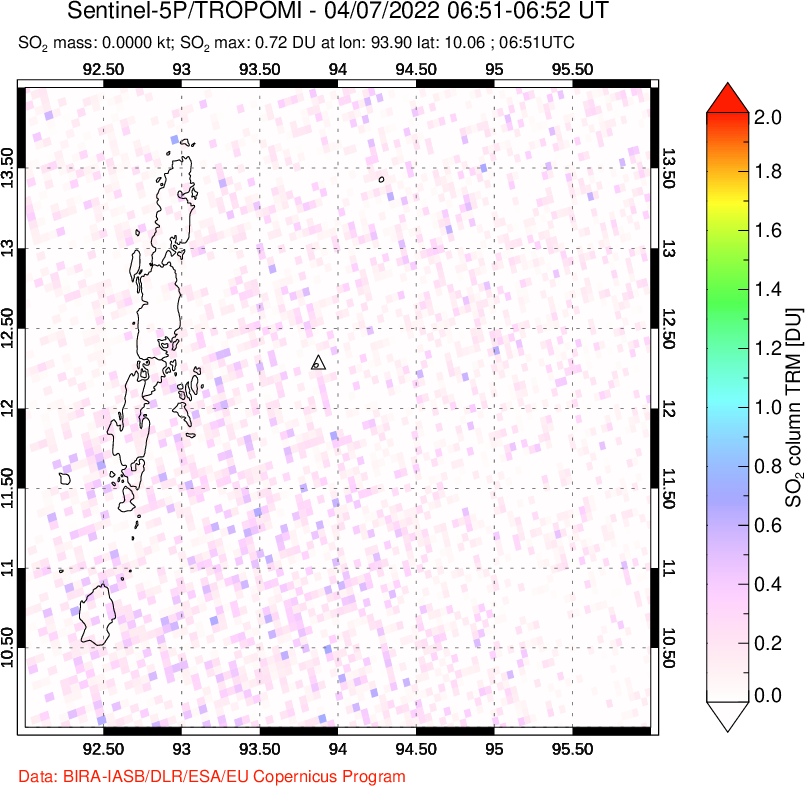A sulfur dioxide image over Andaman Islands, Indian Ocean on Apr 07, 2022.
