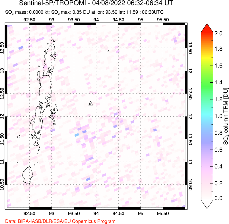 A sulfur dioxide image over Andaman Islands, Indian Ocean on Apr 08, 2022.