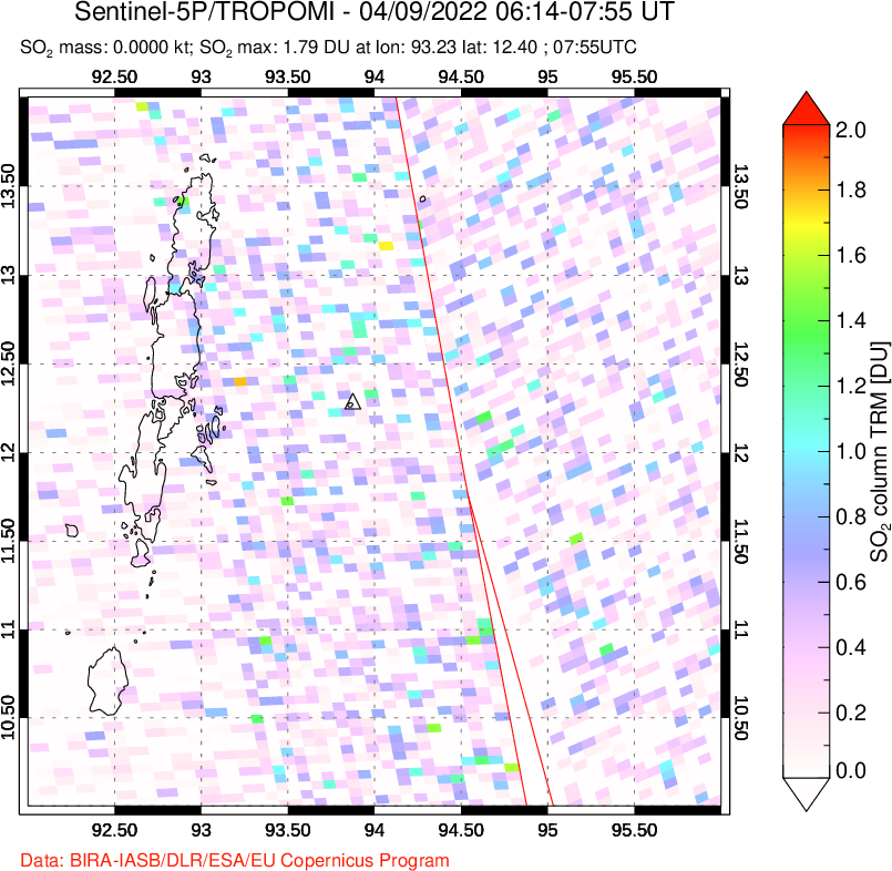 A sulfur dioxide image over Andaman Islands, Indian Ocean on Apr 09, 2022.