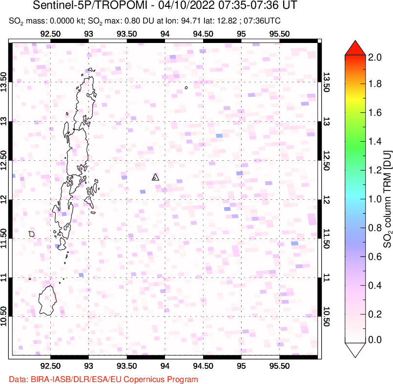 A sulfur dioxide image over Andaman Islands, Indian Ocean on Apr 10, 2022.