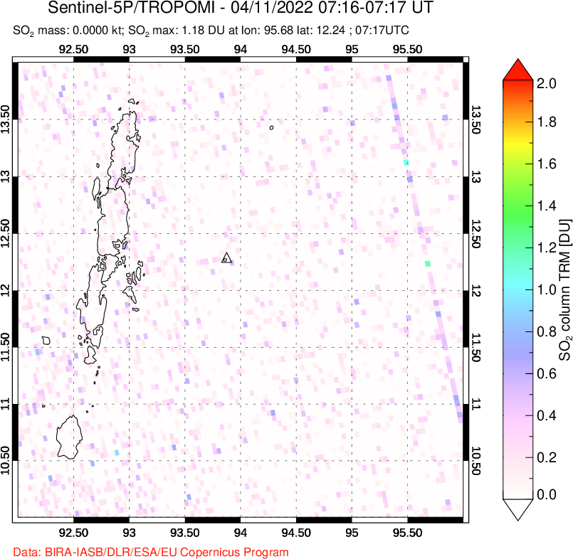 A sulfur dioxide image over Andaman Islands, Indian Ocean on Apr 11, 2022.
