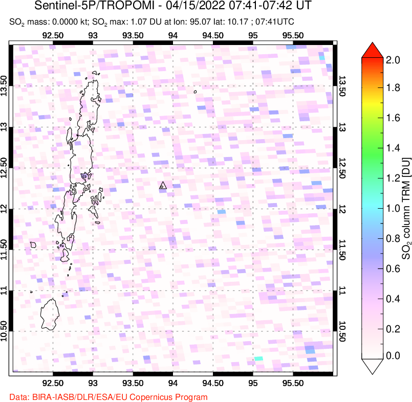 A sulfur dioxide image over Andaman Islands, Indian Ocean on Apr 15, 2022.