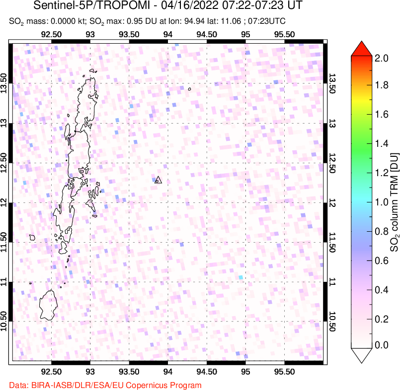 A sulfur dioxide image over Andaman Islands, Indian Ocean on Apr 16, 2022.
