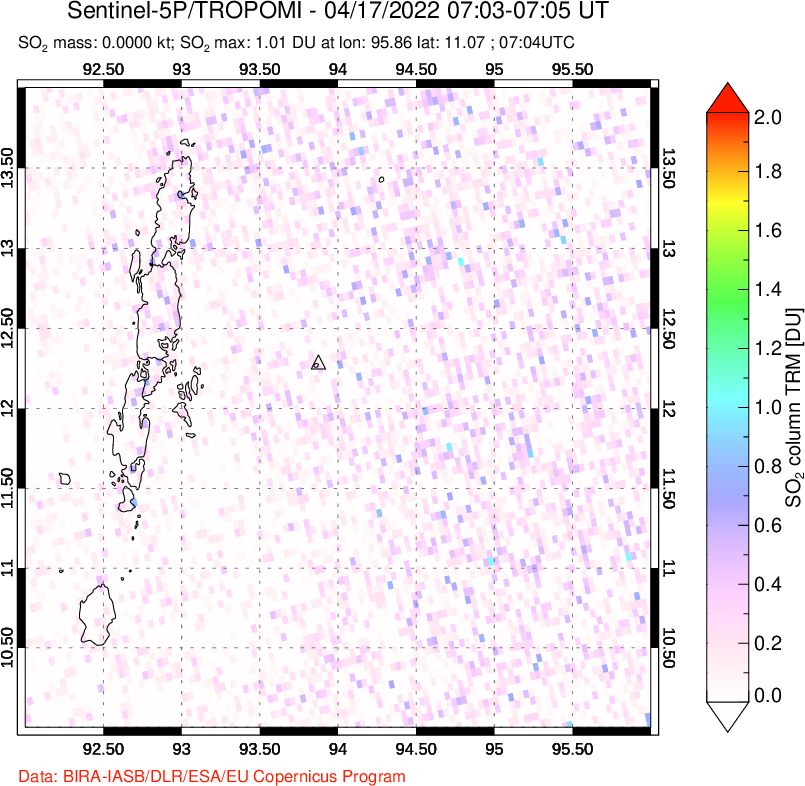 A sulfur dioxide image over Andaman Islands, Indian Ocean on Apr 17, 2022.