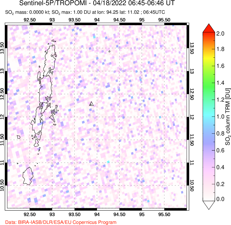 A sulfur dioxide image over Andaman Islands, Indian Ocean on Apr 18, 2022.