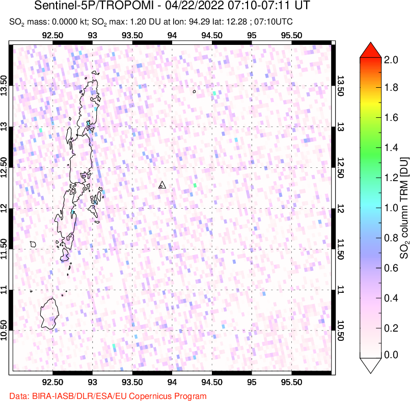 A sulfur dioxide image over Andaman Islands, Indian Ocean on Apr 22, 2022.