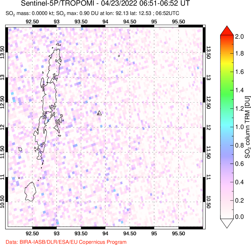 A sulfur dioxide image over Andaman Islands, Indian Ocean on Apr 23, 2022.