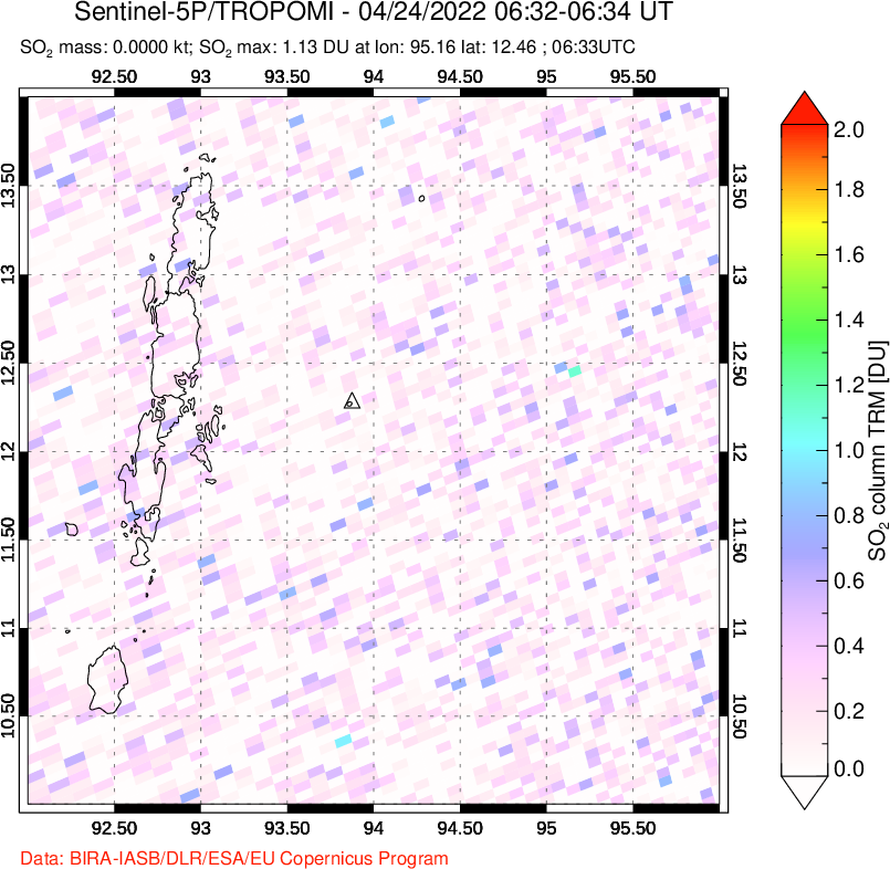 A sulfur dioxide image over Andaman Islands, Indian Ocean on Apr 24, 2022.