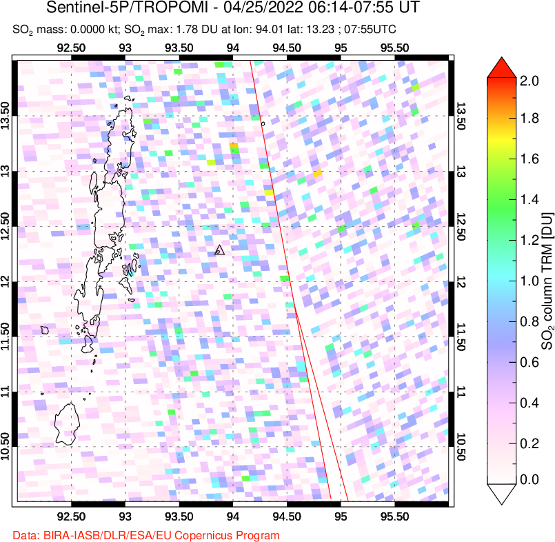 A sulfur dioxide image over Andaman Islands, Indian Ocean on Apr 25, 2022.