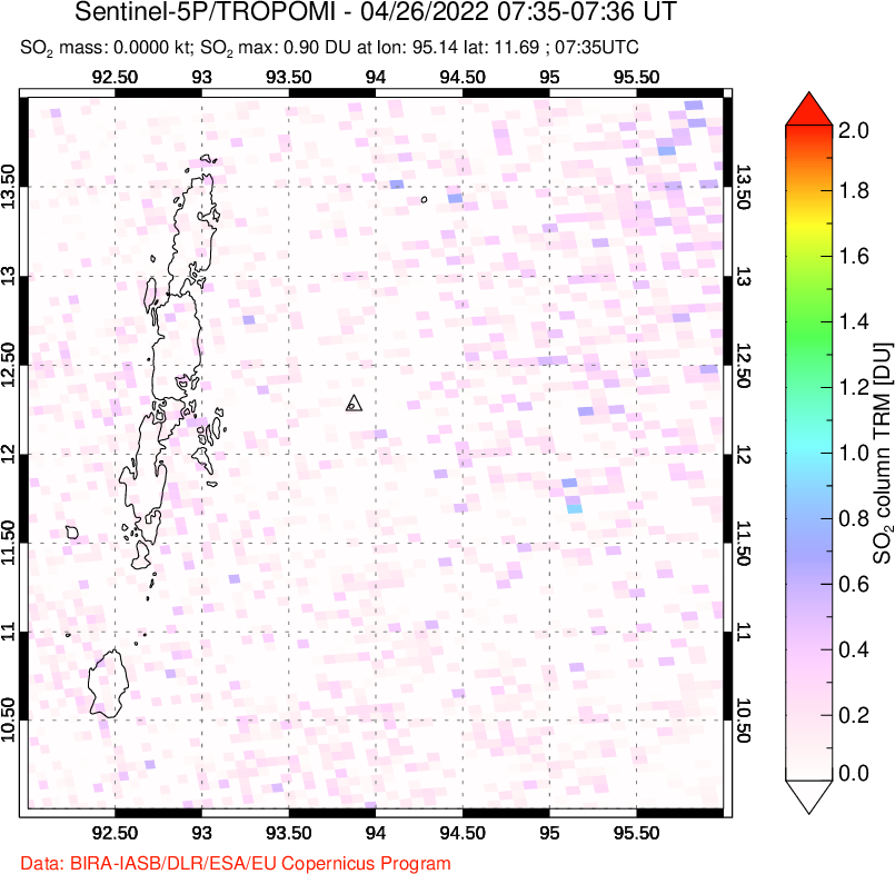 A sulfur dioxide image over Andaman Islands, Indian Ocean on Apr 26, 2022.