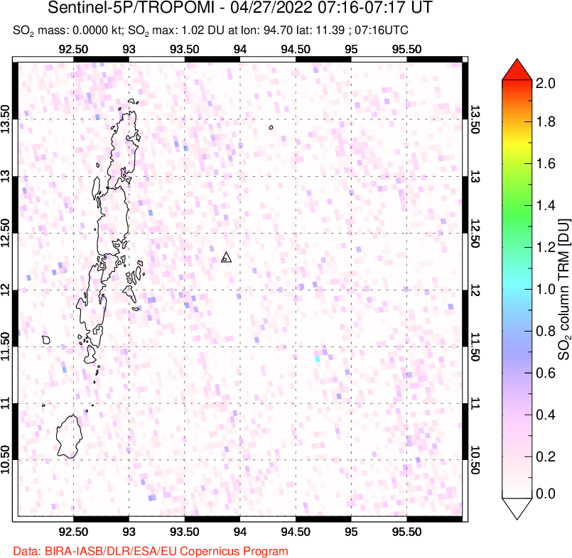 A sulfur dioxide image over Andaman Islands, Indian Ocean on Apr 27, 2022.