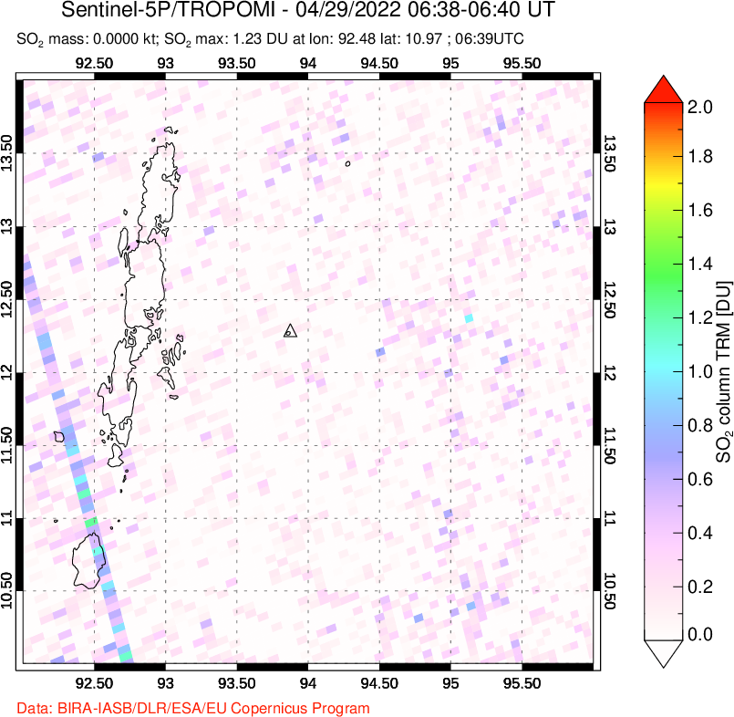 A sulfur dioxide image over Andaman Islands, Indian Ocean on Apr 29, 2022.