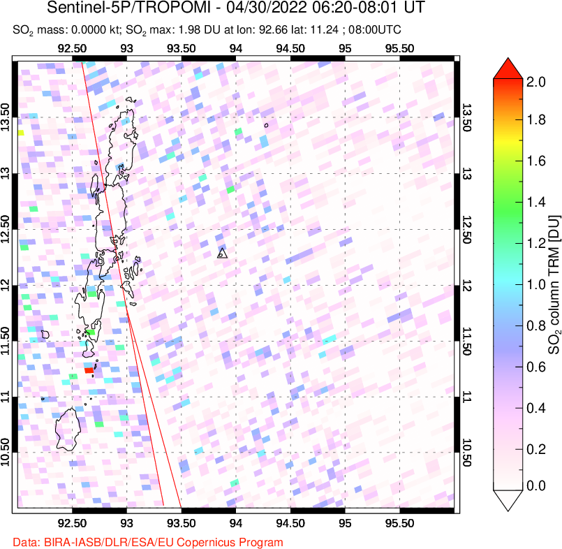 A sulfur dioxide image over Andaman Islands, Indian Ocean on Apr 30, 2022.