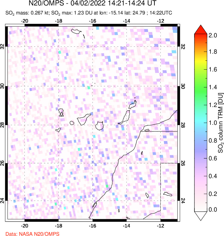 A sulfur dioxide image over Canary Islands on Apr 02, 2022.