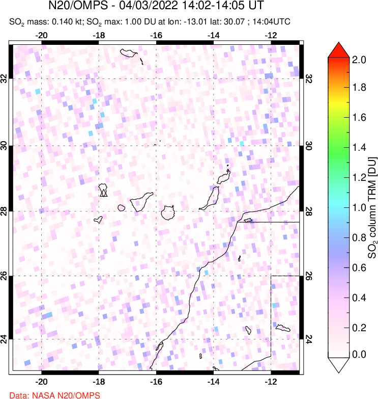 A sulfur dioxide image over Canary Islands on Apr 03, 2022.