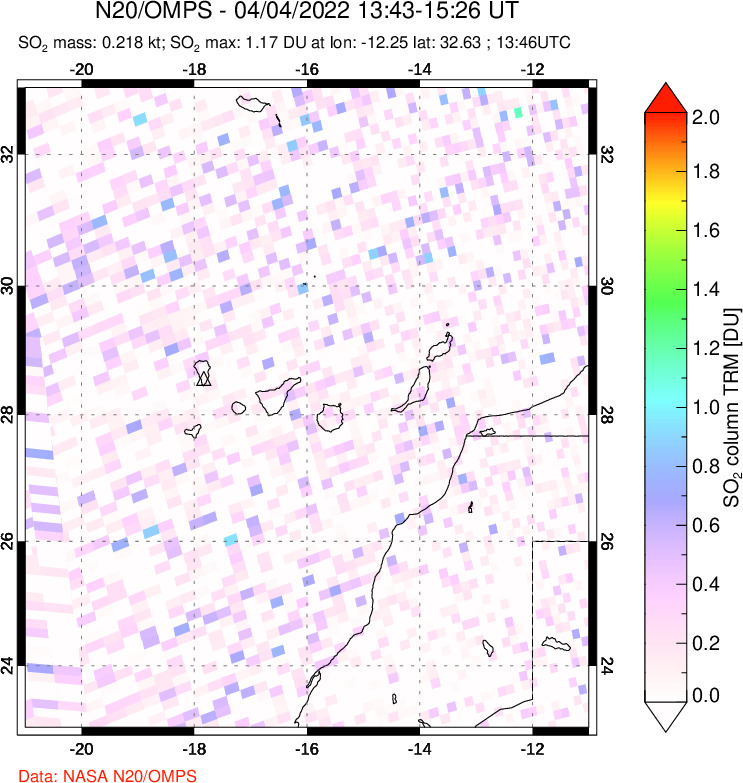 A sulfur dioxide image over Canary Islands on Apr 04, 2022.